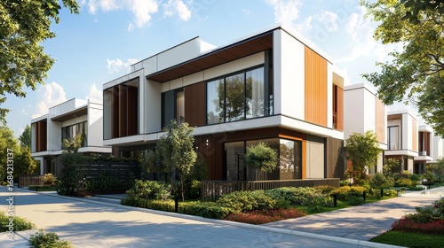 Modern house exterior day light in housing complex. 3d rendering