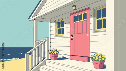 Coastal Cottage House Exterior, Pink Door, Ocean View, Summer Home, Beach House Illustration, Architectural Design, Home Decor, Real E