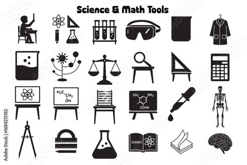 Black silhouette shows different science and math tools and instruments on a white background