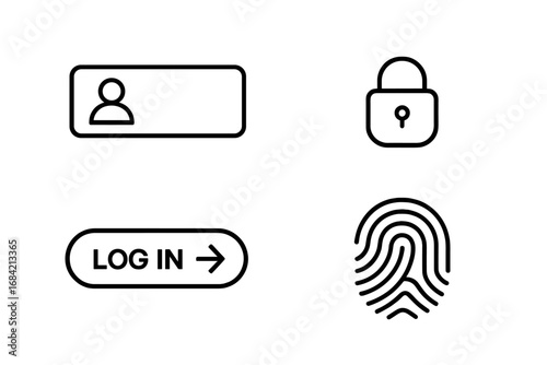 Authentication icon set. User login and password protection. UI outline icons for web and mobile app security. Includes two-factor authentication, biometrics, fingerprint access.