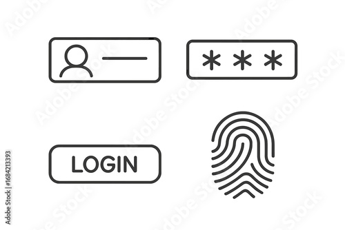 Authentication icon set. Login and password user interface. Account access security. Biometric fingerprint verification. Concept of web protection, UI UX element, online safety.