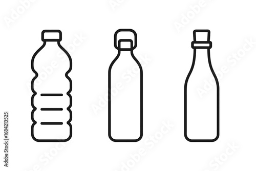 Water bottle icon variety set. Outline vector illustration of plastic, reusable stainless steel, and glass drink bottles. Eco friendly beverage container symbol collection.