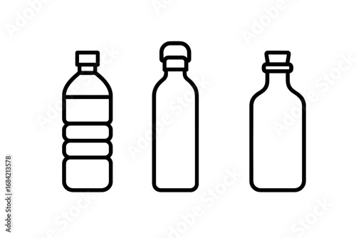 Bottle icon set. Outline vector icons of different bottle types. Plastic water bottle, reusable stainless steel bottle, and glass bottle with cork. Line art illustration.