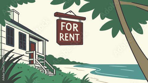 Coastal Cottage Rental Illustration Beachfront House for Rent Sign Summer Vacation Home Tropical Getaway.