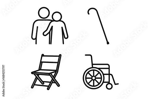 Caregiver line icon set. Elderly assistance, disability support and senior health care concept. Vector symbols of people, walking cane and wheelchair for nursing service.