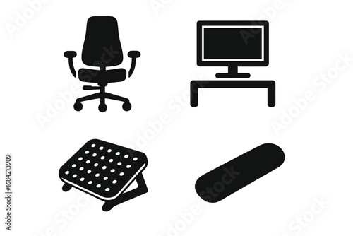 Ergonomic office equipment vector icons. Solid filled icon set for correct posture and a healthy workplace setup. Glyphs of adjustable chair, footrest, monitor stand, wrist rest.