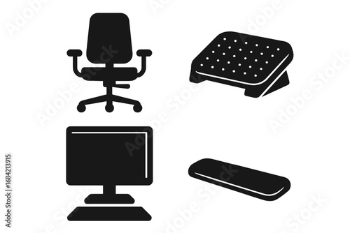 Ergonomic office icons set. Solid glyph symbols for correct posture and workplace wellness. Vector illustration of adjustable chair, footrest, monitor and wrist rest.