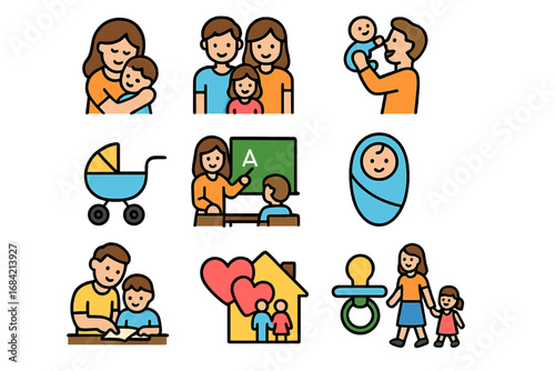 Family and parenting filled line icon set. Childcare, education, relationships concepts. Mother, father, baby, child icons. Love, support, development, family life symbols.