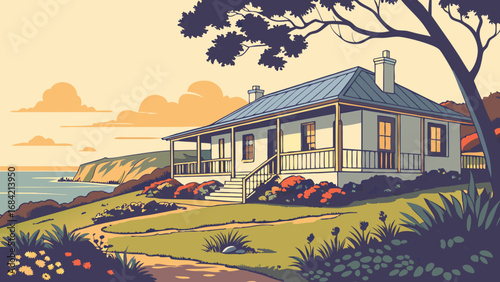 Coastal Cottage Seaside House Ocean View Summer Home Vintage Illustration Retro Style Home Design House Illustration Idyllic Scene Tranquil Setting Calm Waters Cliffside Property Garden Flowers Path .