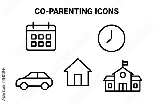 Co-parenting outline icon set. Shared child custody schedule, calendar, clock, car, school, and home icons. Concept for divorce, family law, and parenting plan logistics.