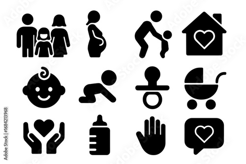 Family and parenting solid icon set. Childcare, baby, home, and love symbols collection. Vector glyphs for newborn, pregnancy, and family care concepts illustration.