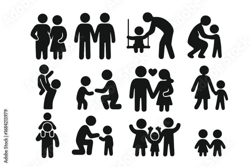 Family and parenting silhouette icon set. Parents, children, relationships pictograms. Mother, father, baby, care, love, pregnancy, gay couple, happy people playing icons.
