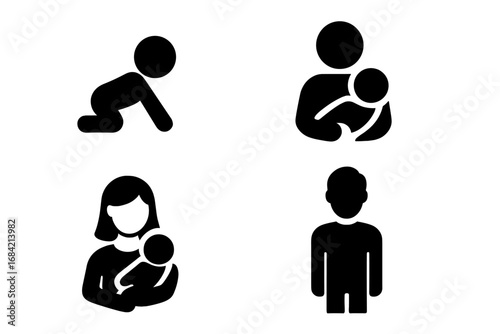Family and parenting solid icon set. Baby care, newborn, child, infant pictograms. Mother, father, and parent holding a baby silhouettes. Vector glyph collection for design.