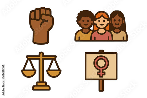 Feminism and racial equality icon set. Raised fist, diverse women for unity, justice scales and protest sign for women's rights and empowerment. Vector illustration.