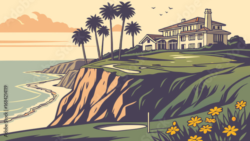 Coastal Estate Golf Course Cliffside Sunset View Illustration.