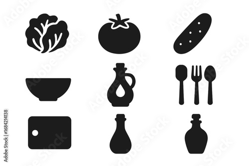 Salad ingredients and kitchen tools vector icon set. Solid glyph symbols for cooking, recipe guides, menu. Healthy food concept with lettuce, tomato, cucumber, oil, bowl, fork.