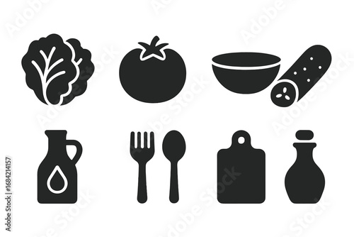 Salad ingredients icon set glyphs. Vector silhouette symbols for cooking, food preparation. Culinary kit for recipe guide with lettuce, tomato, cucumber, bowl, oil, vinegar.