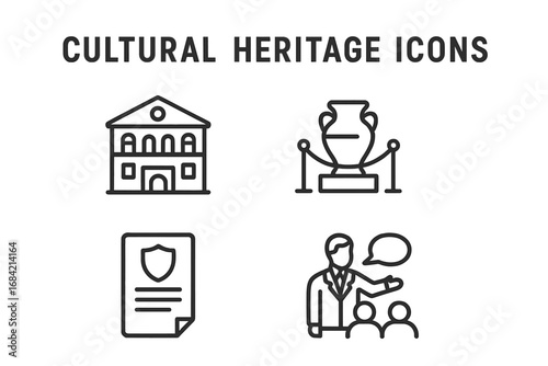 Cultural heritage outline icon set. Vector symbols for historical preservation, museum exhibit, landmark building, ancient artifact, and guided tour. History and culture concept.