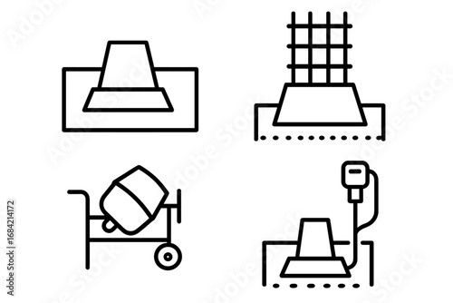Foundation icons set. Outline symbols of construction process. Building preparation, footing formwork, rebar cage, concrete mixer, and vibratory poker vector illustration.