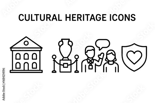 Cultural heritage outline icon set. Linear pictograms of historic building, museum exhibit, guided tour, protection. Vector symbols for history, art, tourism, preservation.