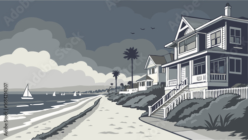 Coastal House Beach Scene Ocean View Sailboats Summer Vacation Home Calm Sea Cloudy Sky Monochromatic Illustration.