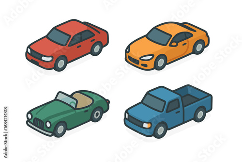 Isometric car icon set. Collection of colorful toy cars. Vector illustration includes miniature sedan, sports coupe, vintage convertible, and pickup truck models for design.