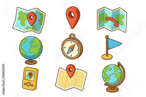 Geography and mapping icon set. Isometric location and cartography symbols. Vector cartoon illustration of travel, navigation and discovery with globe, compass, pin and GPS.