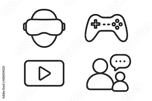 Digital entertainment and technology icon set. VR headset for metaverse, gaming controller for esports, video streaming play button, social media communication symbols. Vector.
