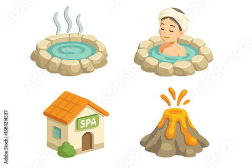 Isometric geothermal hot springs icon set. 3d vector cartoon symbols for spa, wellness, and relaxation. Woman in onsen, volcano with lava, and resort for beauty and health.