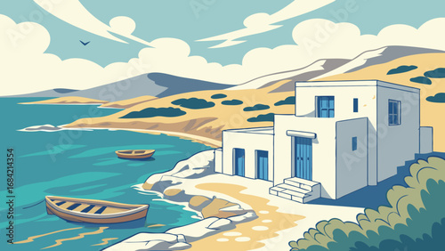 Coastal House by the Sea Summer Vacation Mediterranean Style Illustration.