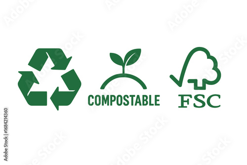 Eco-friendly icon set. Green recycle symbol, compostable logo, and FSC badge for packaging. Vector illustration of environmental and sustainability certification labels.