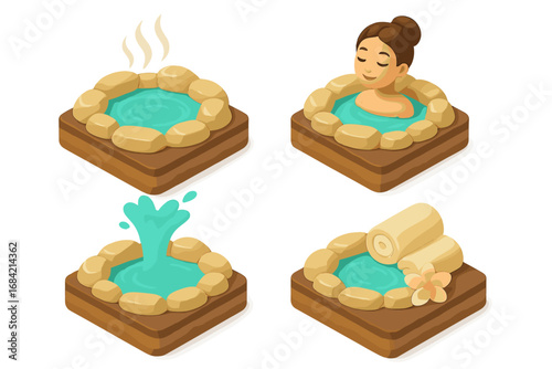 Geothermal hot springs isometric icon set. 3d vector cartoon illustration of a woman relaxing in a stone pool. Spa, wellness, and health resort symbols for beauty therapy.
