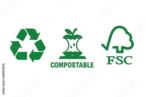 Eco-friendly icon set with recycle symbol, compostable logo, and FSC badge. Green vector illustration of environmental labels and certifications for sustainable packaging.