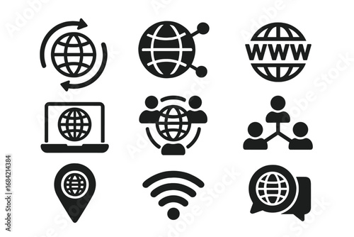 Global communication solid icon set. Internet, network, and technology symbols. Vector glyph collection for web, UI, UX design. Worldwide connection, wifi, and www icons.