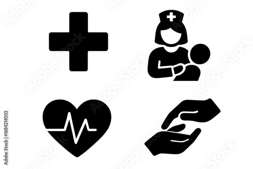 Health care solid icon set with compassion symbols. Glyph icons of medical cross, nurse caring for patient, heart monitor EKG, and helping hands for hospital concepts.