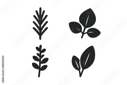 Herb icon set. Solid filled glyph style icons of aromatic herbs and spices for cooking. Rosemary, basil, thyme, oregano, sage leaves. Vector symbols for culinary design.
