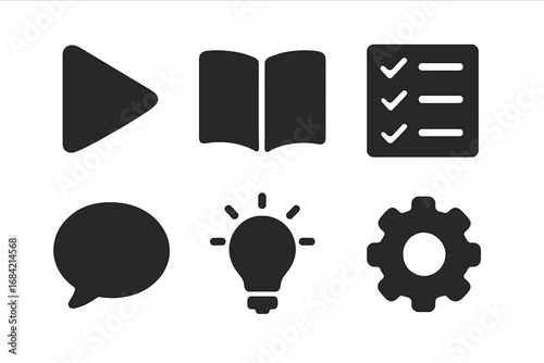 How-to icon set. Solid glyph icons for tutorials, guides, and manuals. Vector symbols for learning, instructions, and support, including play button, book, checklist, and gear.