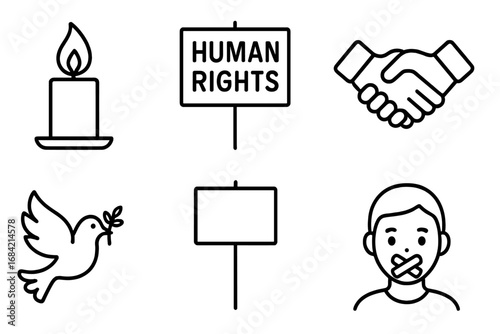 Human rights line icon set. Vector symbols of protest, peace dove, solidarity handshake, vigil candle, and censorship. Social justice and freedom of speech concepts illustration.