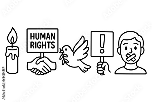 Human rights icon set with protest and freedom symbols. Outline vector graphics for social issues, activism, censorship, and equality. Includes dove, vigil candle, and protest sign.