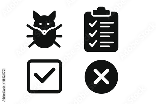 QA software testing vector icon set with a unique fox bug, checklist for test cases, pass checkmark, and fail error cross. Solid glyphs for bug reports and quality assurance.