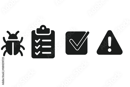 Software testing icon set. Quality assurance glyphs. Bug report, test case, success checkmark, and error warning symbols. IT development and programming vector icons.