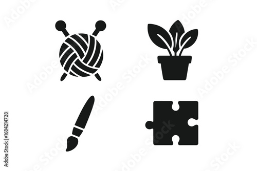 Hobbies and leisure icon set. Solid glyph collection of creative activities. Includes knitting yarn, potted plant for gardening, paintbrush for art, and jigsaw puzzle piece. Vector.