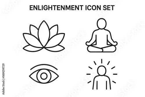 Enlightenment line icon set vector. Meditating silhouette, open lotus flower, third eye, glowing aura. Spirituality, mindfulness, yoga, harmony, and wellness symbols.