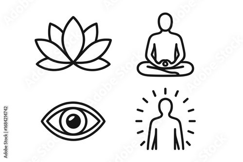 Enlightenment line icon set. Spirituality, meditation, yoga concepts. Vector outline of lotus flower, meditating pose, third eye, aura. Zen, wellness, harmony symbol.