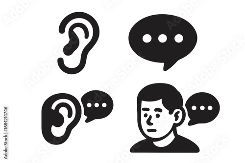 Active listening skills icon set. Solid glyph icons for communication concept. Ear, speech bubble, person hearing message. Effective dialogue, attention, perception vector.