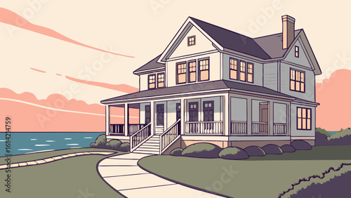 Coastal House Illustration Seaside Home Ocean View Suburban Dream Home Waterfront Property Two Story House Evening Sunset Calm Water Family Home Residential Design Architectural Drawing House Exterio.
