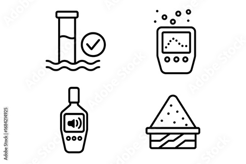 Environmental monitoring outline icons. Water quality test, air pollution sensor, dust particle counter, noise level meter, soil contamination and industrial tailings symbol set.