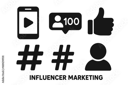 Influencer marketing icon set. Social media glyphs for digital promotion. Vector symbols for follower count, likes, hashtag, user profile, video content, and smartphone apps.