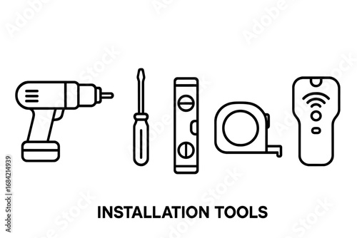 Installation tools icon set. Outline vector graphic collection with power drill, screwdriver, level, measuring tape, stud finder. For construction, repair, DIY, home improvement.