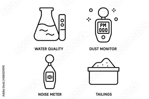 Vector icon set for environmental monitoring. Outline symbols for water quality analysis, dust and air pollution meter, sound level measurement, and mining tailings waste.